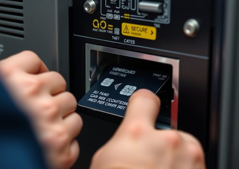 Specialist inspecting the card reader of a self-service terminal